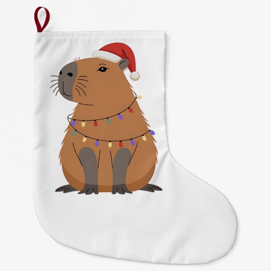Christmas Capybara With Santa Hat Xmas Lights Grote Kerstsok (Voorkant)