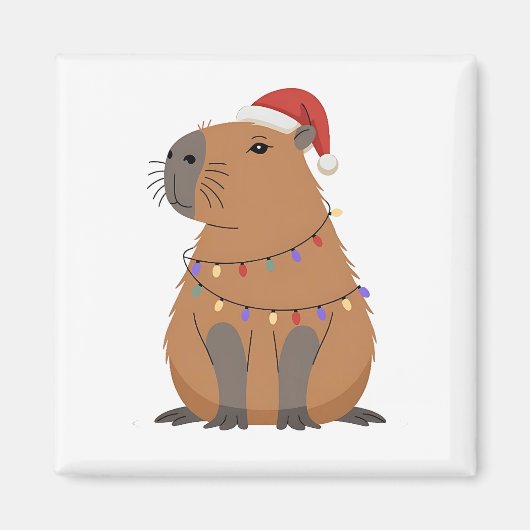 Christmas Capybara With Santa Hat Xmas Lights Magneet (Voorkant)