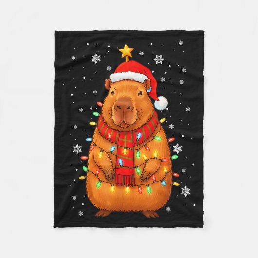 Christmas Capybara With Santa Hat Xmas Lights Tree Fleece Deken (Voorkant)