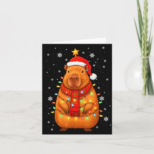 Christmas Capybara With Santa Hat Xmas Lights Tree Kaart (Voorkant)