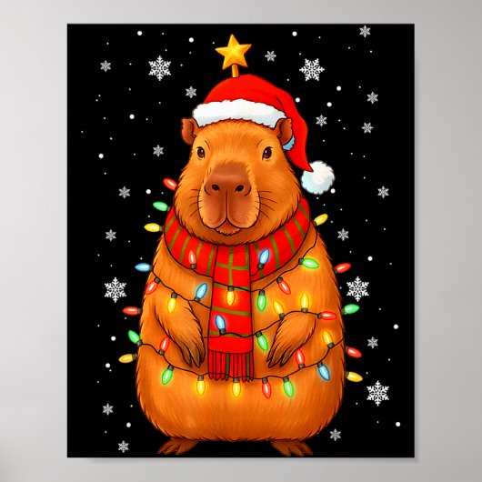 Christmas Capybara With Santa Hat Xmas Lights Tree Poster (Voorkant)