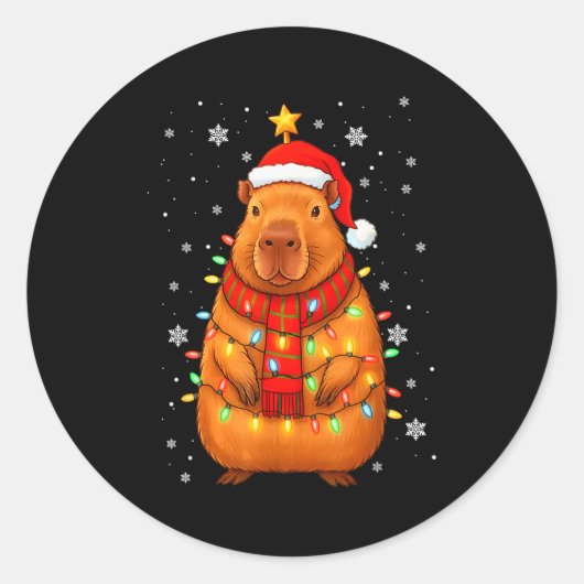 Christmas Capybara With Santa Hat Xmas Lights Tree Ronde Sticker (Voorkant)
