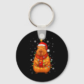 Christmas Capybara With Santa Hat Xmas Lights Tree Sleutelhanger (Voorkant)