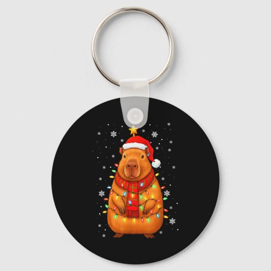 Christmas Capybara With Santa Hat Xmas Lights Tree Sleutelhanger (Voorkant)
