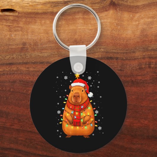 Christmas Capybara With Santa Hat Xmas Lights Tree Sleutelhanger (Voorkant)