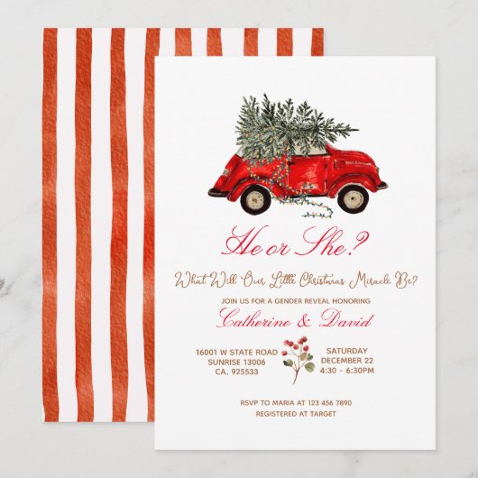 Christmas Car and Tree Gender Reveal Invitation Kaart (Voorkant / Achterkant)