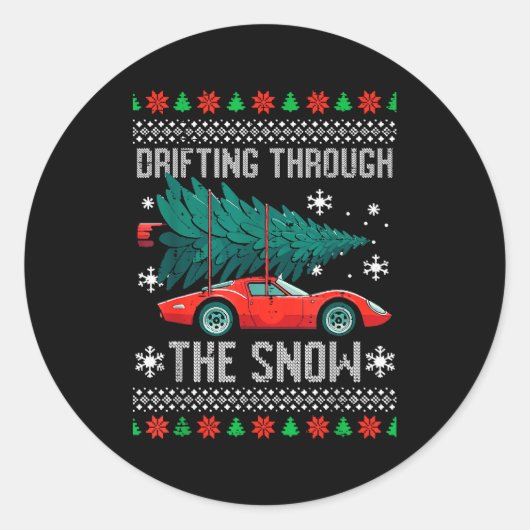 Christmas Car Drifting Through Snow Ugly Xmas Men  Ronde Sticker (Voorkant)