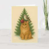 Christmas Card — Cat & Bird by the Tree Kaart (Voorkant)