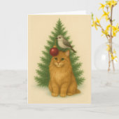 Christmas Card — Cat & Bird by the Tree Kaart (Gele Bloem)
