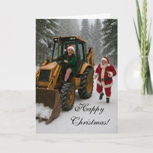 Christmas card -  Elf stealing Santa's digger  Kaart (Voorkant)