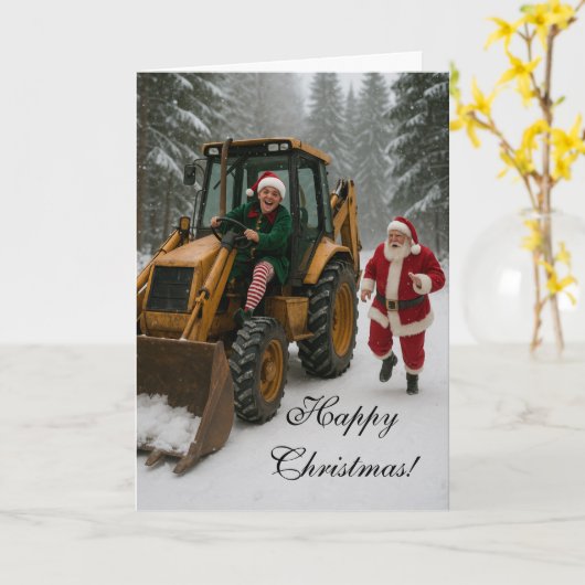 Christmas card - Elf stealing Santa's digger Kaart (Gele Bloem)