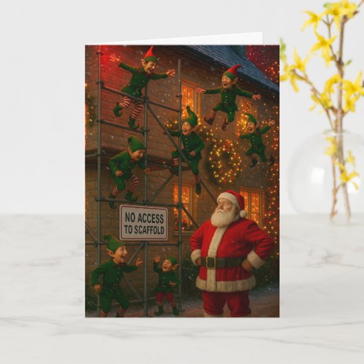 Christmas card Elves playing on scaffolding  Kaart (Gele Bloem)
