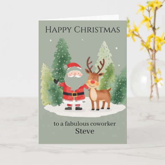 Christmas Card for a Coworker – Santa and Reindeer Kaart (Gele Bloem)