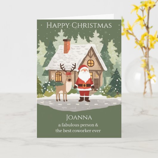 Christmas Card for a Coworker - Santa & Reindeer Kaart (Gele Bloem)
