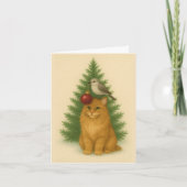 Christmas Card — Funny Cat & Bird by the Tree Kaart (Voorkant)