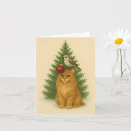 Christmas Card — Funny Cat & Bird by the Tree Kaart (Kleine Plant)