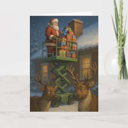 Christmas card funny Santa on scissor lift  Kaart (Voorkant)