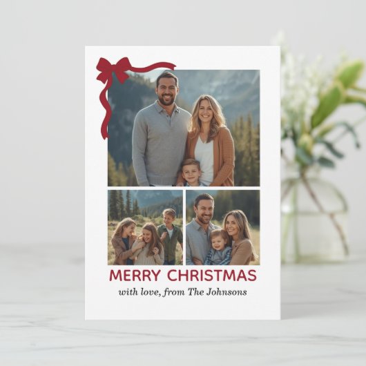Christmas Card – Red Bow, 4 Photo, Personalized Bedankkaart (Staand voorkant)