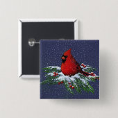CHRISTMAS CARDINAL: BIRD: KUNST: SNEE VIERKANTE BUTTON 5,1 CM (Voorkant /achterkant)