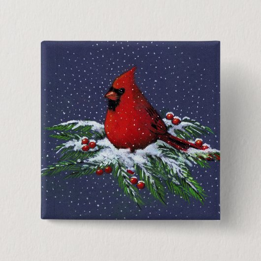 CHRISTMAS CARDINAL: BIRD: KUNST: SNEE VIERKANTE BUTTON 5,1 CM (Voorkant)