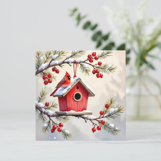 Christmas Cardinal & Birdhouse Personalized Photo Feestdagenkaart (Staand voorkant)