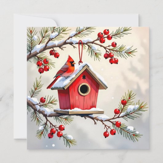 Christmas Cardinal & Birdhouse Personalized  Photo Feestdagenkaart (Voorkant)