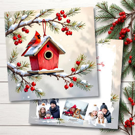 Christmas Cardinal & Birdhouse Personalized  Photo Feestdagenkaart