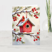 Christmas Cardinal Birdhouse snowy pine branch  Kaart (Voorkant)