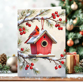 Christmas Cardinal Birdhouse snowy pine branch  Kaart