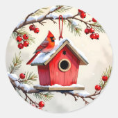 Christmas Cardinal Birdhouse snowy pine branch  Ronde Sticker (Voorkant)