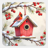 Christmas Cardinal Birdhouse snowy pine branch Vierkante Sticker (Voorkant)
