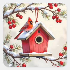 Christmas Cardinal Birdhouse snowy pine branch  Vierkante Sticker