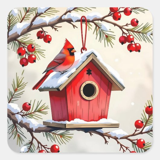 Christmas Cardinal Birdhouse snowy pine branch  Vierkante Sticker (Voorkant)