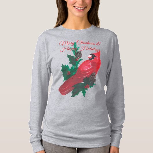 Christmas Cardinal Holly & Berries Long Sleeve Tee T-shirt (Voorkant)