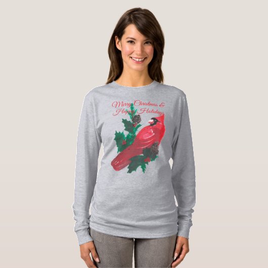 Christmas Cardinal Holly & Berries Long Sleeve Tee T-shirt (Voorkant volledig)