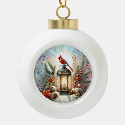 Christmas Cardinal Lantern Keramische Bal Ornament (Voorkant)