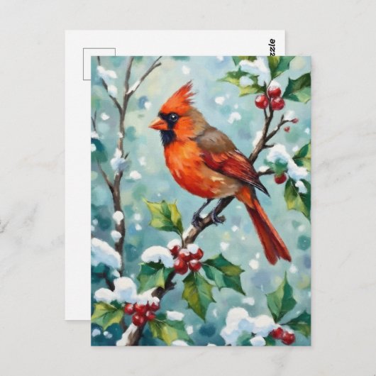 Christmas Cardinal on a Holly Branch Briefkaart (Voorkant / Achterkant)