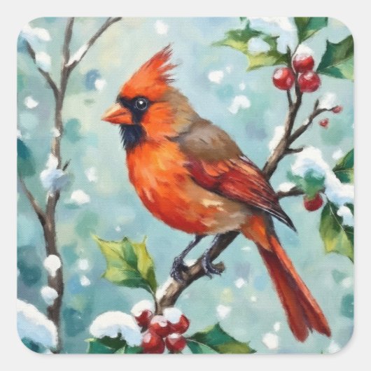 Christmas Cardinal on a Holly Branch Vierkante Sticker (Voorkant)