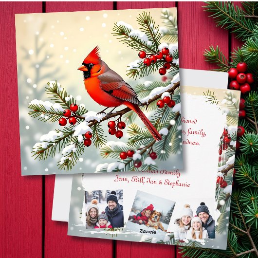 Christmas Cardinal on Pine Personalized  Photo Feestdagenkaart