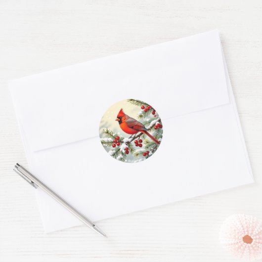 Christmas Cardinal on snowy pine branch  Ronde Sticker (Envelop)
