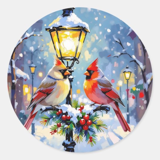 Christmas Cardinals and Snowy Lamppost Ronde Sticker (Voorkant)