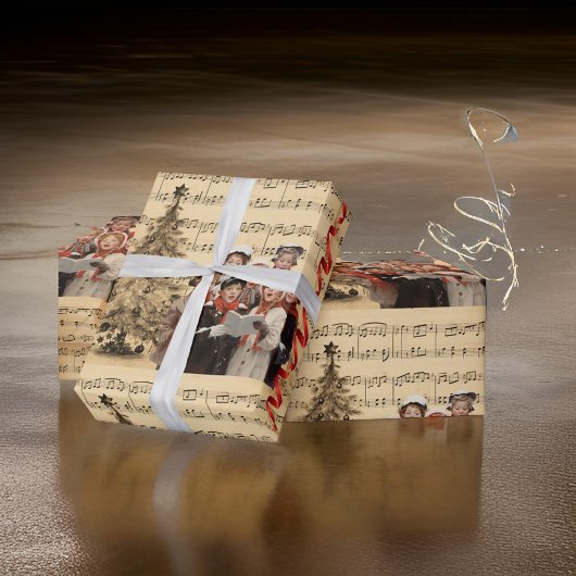 Christmas Carolers Muziek Red Ribbon Cadeaupapier