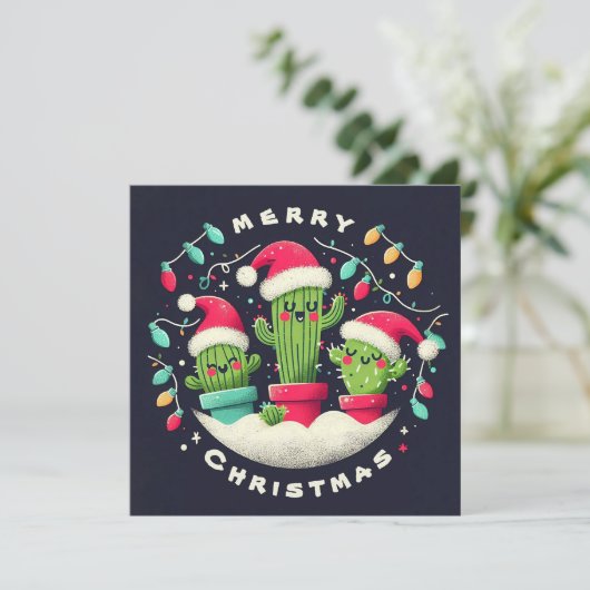 Christmas Carolers Potted Santa Cactus Planten Feestdagenkaart (Staand voorkant)
