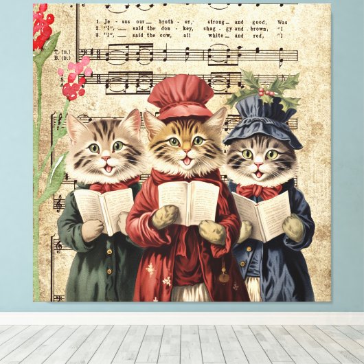 Christmas Caroling Cats Canvas Afdruk (Insitu (Houten vloer))