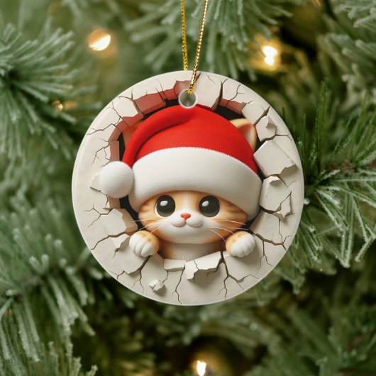 Christmas Cat 3D-effect NIET echt 3D Keramisch Ornament (Boom)