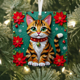 Christmas Cat and Poinsettias Festive Christmas Metalen Ornament