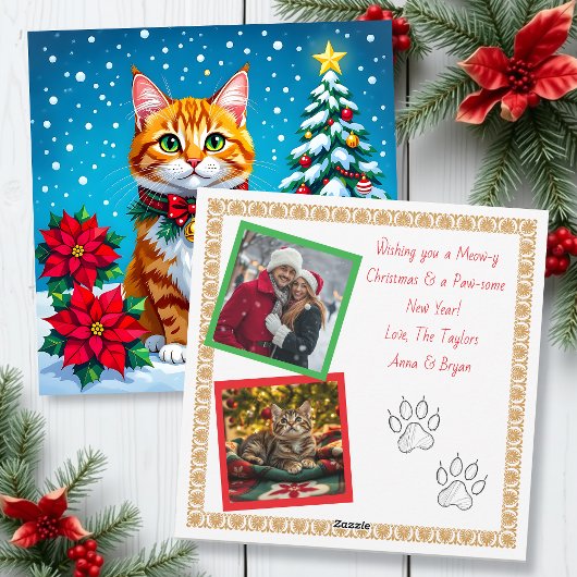 Christmas Cat and Two Photo Template Holiday Feestdagenkaart