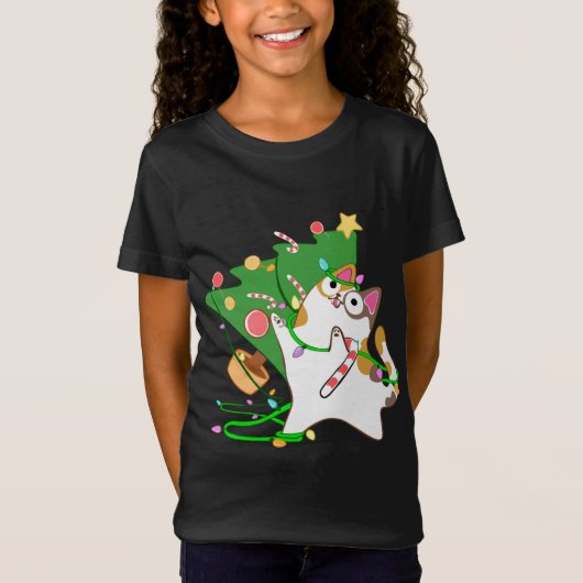 Christmas Cat Calico knock over xmas tree kat cu T-shirt (Voorkant)