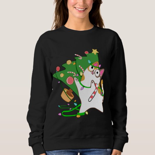 Christmas Cat Calico knock over xmas tree kat cu Trui (Voorkant)