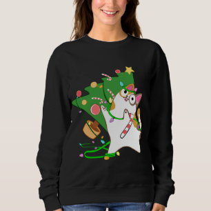 Christmas Cat Calico knock over xmas tree kat cu Trui